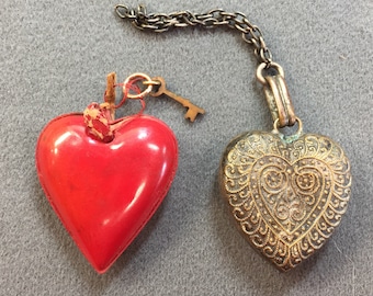 Two Old Hearts-Red Celluoid with Tiny Key, and Plated Brass Puffy Heart. As is. Free shipping