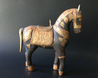 Vintage Folk Art Carved Wood Metal Horse Figurine