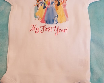 Princess themed monthly onesies, Month By Month Princess theme onesies