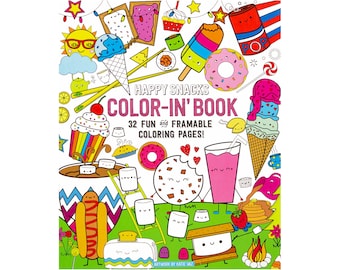 32 Page Happy Snacks Spiral Perforated Coloring Book One-Sided Pages Adult Kids Coloring Book Pages 9" x 12" Optional Crayons Unique Gift