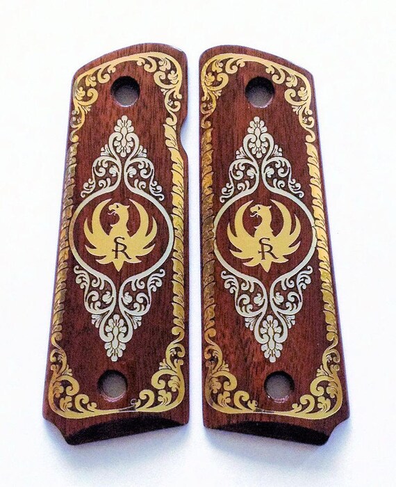 1911 Ruger SR1911 custom engraved wood grips gold silver