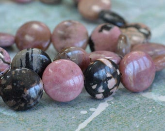 30pcs 12mm Rhodonite Natural Puffed Flat Round Coin Gemstone Beads