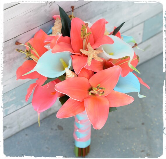 Silk Wedding Bouquet Natural Touch Coral and Aqua Teal Mint