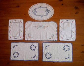 6 Vintage Embroidered Floral Linens - Embroidery Crochet Crocheted Lace Blue Navy Flowers Teacup Table Linens Lot - Bulk Embroidery