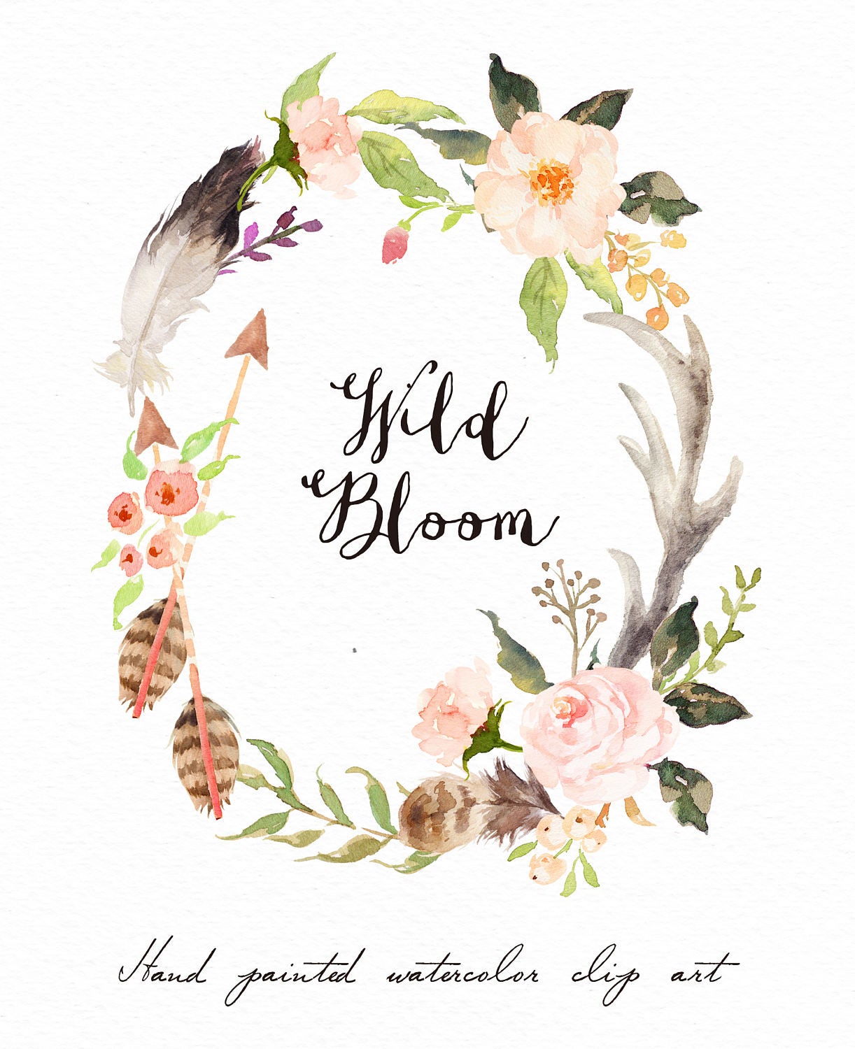 Watercolor oval wreath-Wild Bloom/Antler/Wild/Boho/Hand