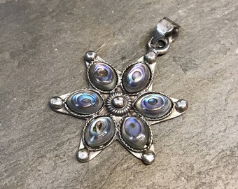 Vintage sterling silver handmade flower pendant with abalone inlay, solid 925 silver snowflake, stamped 925