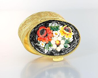 Flower Pill Box, Micromosaic Italy Rose Daisy Trinket Box vintage Ring holder