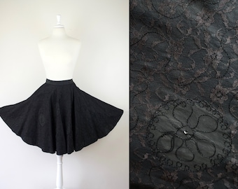 vintage 1950s 50s black taffeta circle skirt w/ soutache and lace overlay