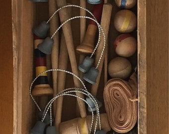 Antique Table Top Croquet Set in Original Box- Early 1900's Table Croquet Set in Wooden Crate