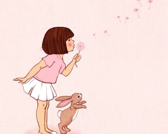 Dandelion Belle, blowing a dandelion, making a wish print,