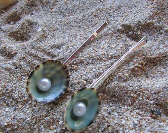 Pair Of Pearled Limpet Shell Bobby Pins- Mermaid Hair, Wedding Accessories