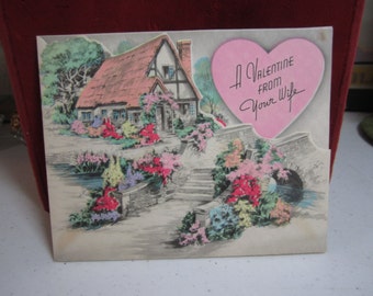 Pretty unused hand colored die cut art deco 1930's Rust Craft valentine card from wife country thatched roof cottage garden path pink heart
