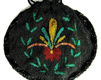 Antique Belgian Black Hand Beaded Purse Reticule Handbag