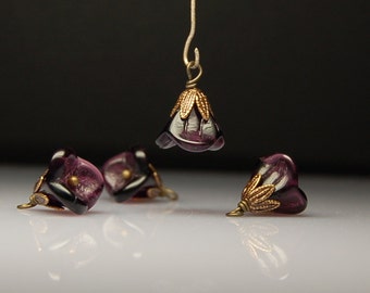 Vintage Style Bead Dangles Purple Glass Flowers Set of Four PR14
