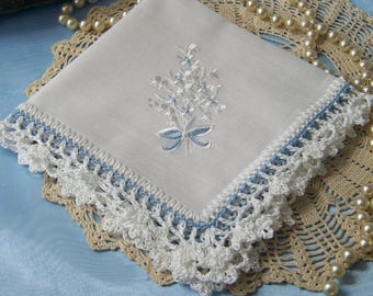 Something old, Something Blue, Bridal Handkerchief, Hanky, Hankie, Hand Crochet, Lace, Lacy, Embroidered, Floral, Ready to ship