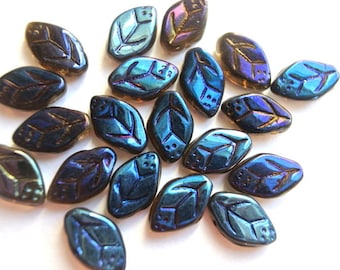 20 Czech glass beads, leaf shape, leaves 13mmx8mm, blue