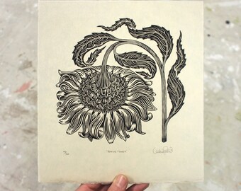 Bowing Flower - Woodcut Print, Woodblock Print by Tugboat Printshop, Valerie Lueth