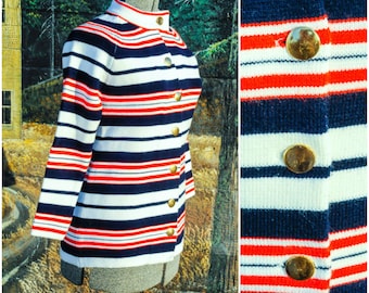 1960s Sweater, Striped Sweater, Striped Cardigan, Blue Sweater, Red Sweater, Size Medium Sweater, Size 8, Fitted Sweater, Horizontal Stripes