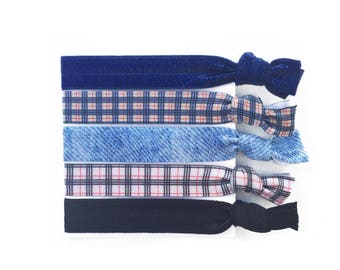Plaid Elastic Hair Ties Preppy Hair Tie Bracelet Denim Ponytail Holder Blue Plaid Hair Accessory Set