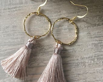 Taupe silky tassle earrings with gold hammered rings. Tassel earrings