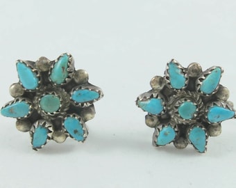 Silver Sterling Petit Point Zuni Turquoise Floral Screw Back Earrings