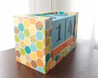 Perpetual Wooden Block Calendar - Turquoise and Yellow Honeycomb - Hexagon Hexies Calendar Blocks