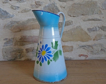 Blue and white enamel pitcher with hand painted flowers, tall vintage French enamelware jug, French country home decor