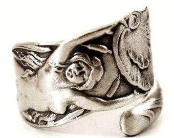 Little Mermaid Ring, Small Sterling Silver Spoon Ring, Mermaid Jewelry, Art Nouveau Mermaid, Ocean Ring Adjustable Ring Size, Beach Ring 293