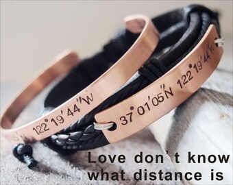 Custom Long distance relationship girlfriend boyfriend bracelets, Coordinate Bracelet his and hers, copper personalized couples bracelet