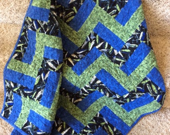 Baby Boy Quilt, Crib Quilt, Fish, Fishing, Blue, Green, Patchwork, Baby Blanket, Modern Baby Quilt, Ready to Ship