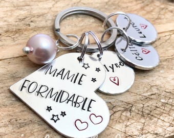 Hand Stamped Mamie Formidable, Personalised Message French Keyring