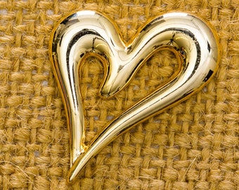 Gold Heart Brooch Vintage Abstract Shiny Broach Vtg Pin 7JJ