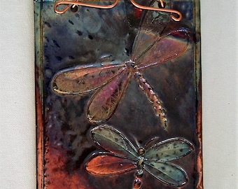 Dragon Flies raku fired ceramic tile wall hanging