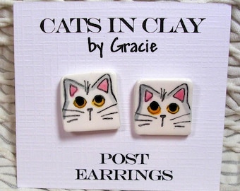 White Cat Post Earrings In Clay Kiln Fired Handmade by Grace M. Smith