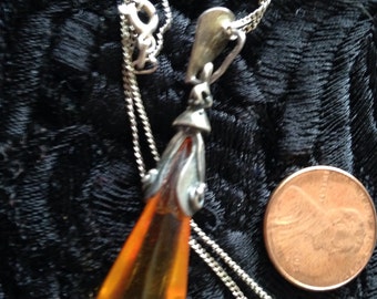 Amber sterling silver art nouveau pendant on sterling silver chain