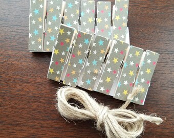 Artwork and Picture Clothesline - All Stars Chunky Little Clothespin Clips w Twine for Display - Set of 12 - Boy Baby Birthday