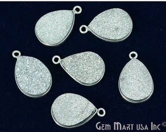 Natural Silver Druzy, Bezel Pears Shape Connector, 12x16mm Pears Silver Plated, Single Bail 1pc GemMartUSA (SZ-11119)