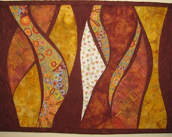 Art Quilt Gold Rust Waves, Wall Quilt, Quilted Wall Hanging, abstract quilts
