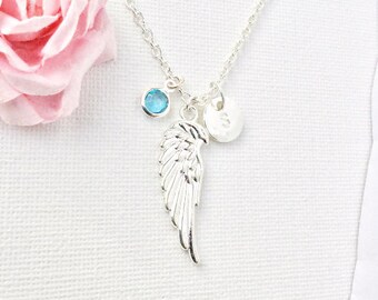 silver angel wing Initial and birthstone necklace, angel wing necklace, birthstone necklace, , guardian angel necklace, , mothers day gift