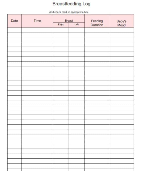 Fillable Breast Feeding Log Pink / PDF/ Digital Health forms/