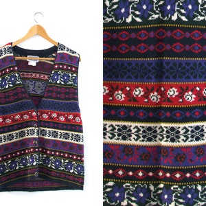 Vintage sleeveless cardigan. Button up. Womens sweater. Multicolor. Flower. Abstract cardigan sweater.