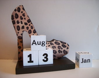 Leopard Shoe Calendar Perpetual Wood Block Leopard High Heel