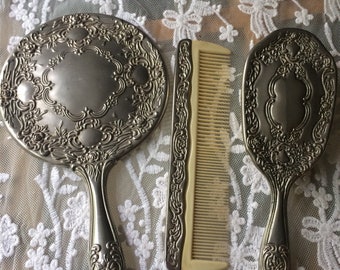 Vintage silver plated 3 piece vanity set mirror brush and comb