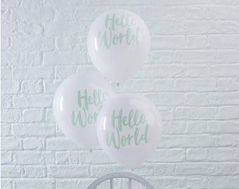 Baby shower decorations-white and mint green Hello World Balloons