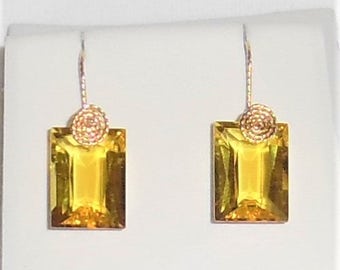 25 cts Natural Octagon cut Yellow Quartz gemstones, 14kt yellow gold Pierced Earrings