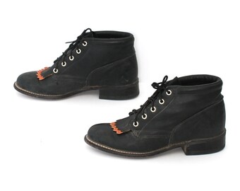 size 7 GRUNGE black leather 80s FRINGE ROPER justin style lace up ankle boots