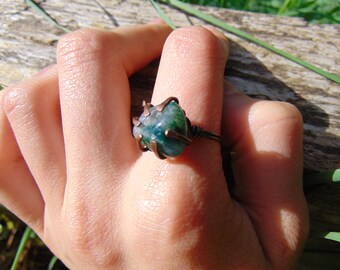 Handmade Moss Agate Copper Prong Ring
