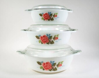 JAJ casserole dishes, three lidded serving dishes, cottage rose, ovenware, milkglas, 70s vintage kitchen
