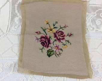 Vintage Rose Needlepoint 1950's Finished Needlepoint for Framing or Pillow