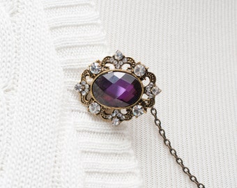 Rhinestone Sweater Clip - Sweater Guard Clip - Antique Gold with Plum